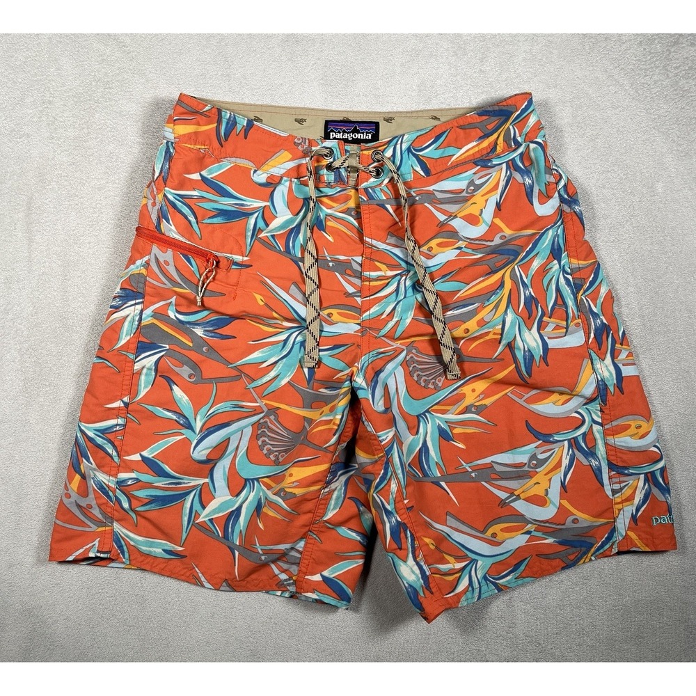 Patagonia Mens 29 Wavefarer Board Shorts Floral Bird Paradise Swim Trunks Orange
